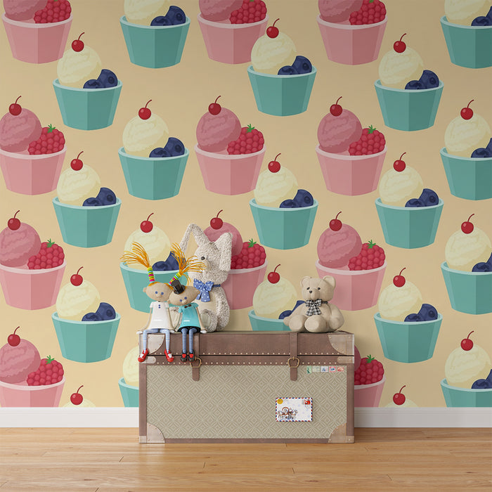 Kids' room wallpaper | Colorful ice cream cones with fruit and cherries