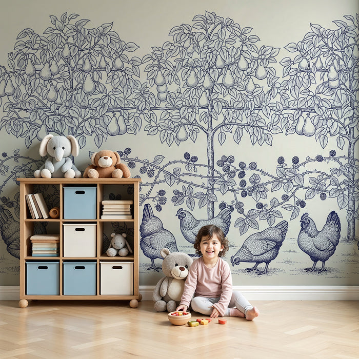 Papel pintado para habitación infantil | Gallinas y perales en un jardín bucólico