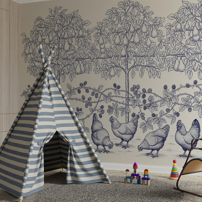Papel pintado para habitación infantil | Gallinas y perales en un jardín bucólico