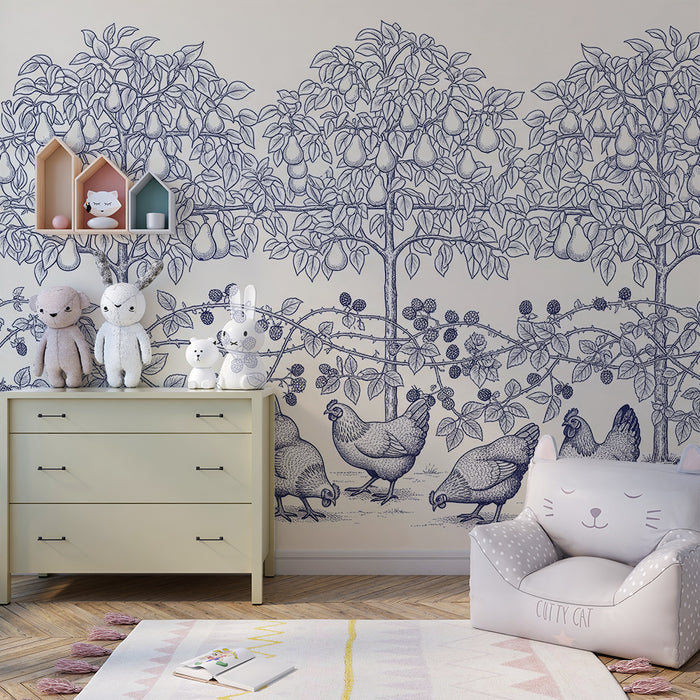 Papel pintado para habitación infantil | Gallinas y perales en un jardín bucólico