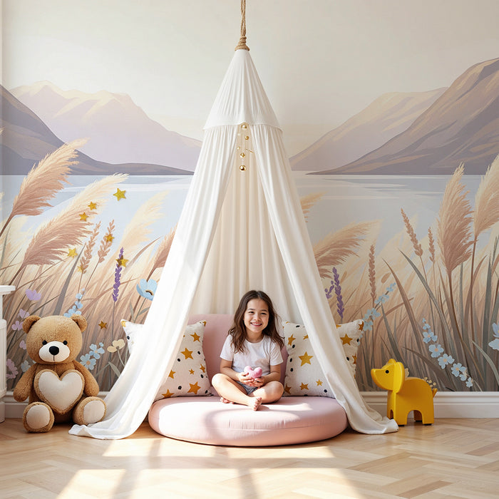 Tapet barnerom | Myk eng med blomster og beroligende landskap