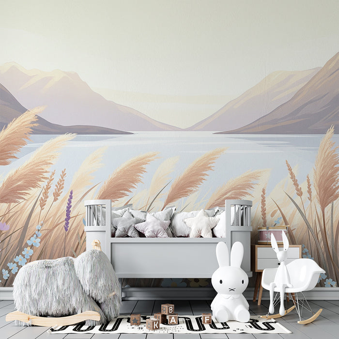 Tapet barnerom | Myk eng med blomster og beroligende landskap