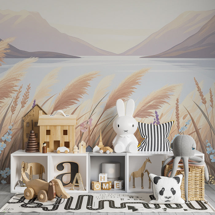 Tapet barnerom | Myk eng med blomster og beroligende landskap