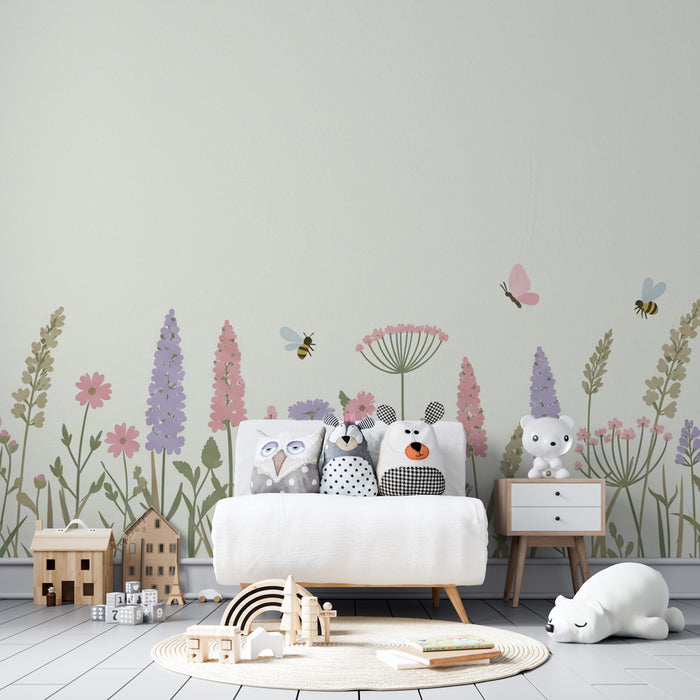 Papier peint chambre enfant | Prairie fleurie et insectes colorés