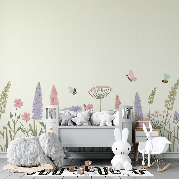 Papier peint chambre enfant | Prairie fleurie et insectes colorés