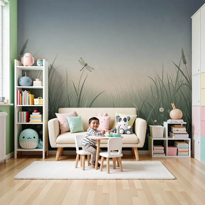 Papier peint chambre enfant | Prairie paisible avec libellules et fleurs blanches