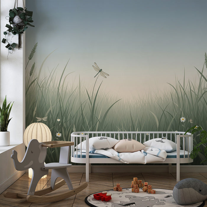 Papier peint chambre enfant | Prairie paisible avec libellules et fleurs blanches