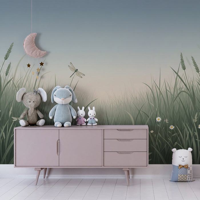 Papier peint chambre enfant | Prairie paisible avec libellules et fleurs blanches