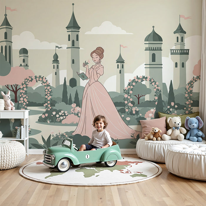 **Tapete Kinderzimmer | Prinzessin in einem märchenhaften Garten mit Schlössern**