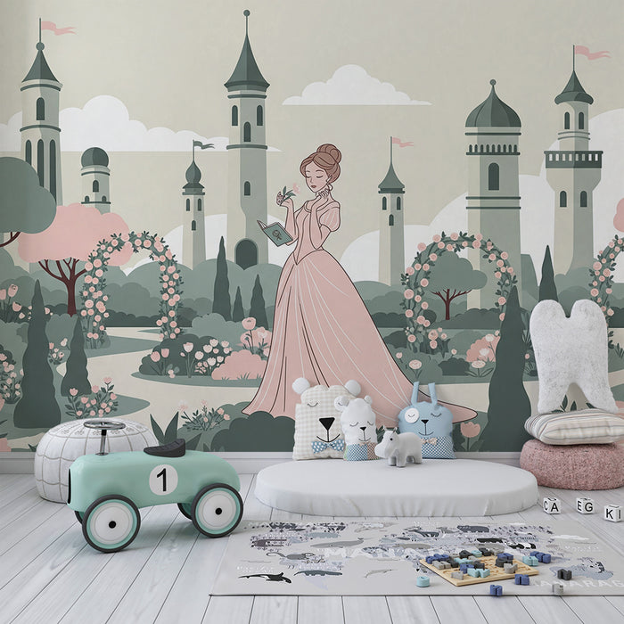 **Tapete Kinderzimmer | Prinzessin in einem märchenhaften Garten mit Schlössern**
