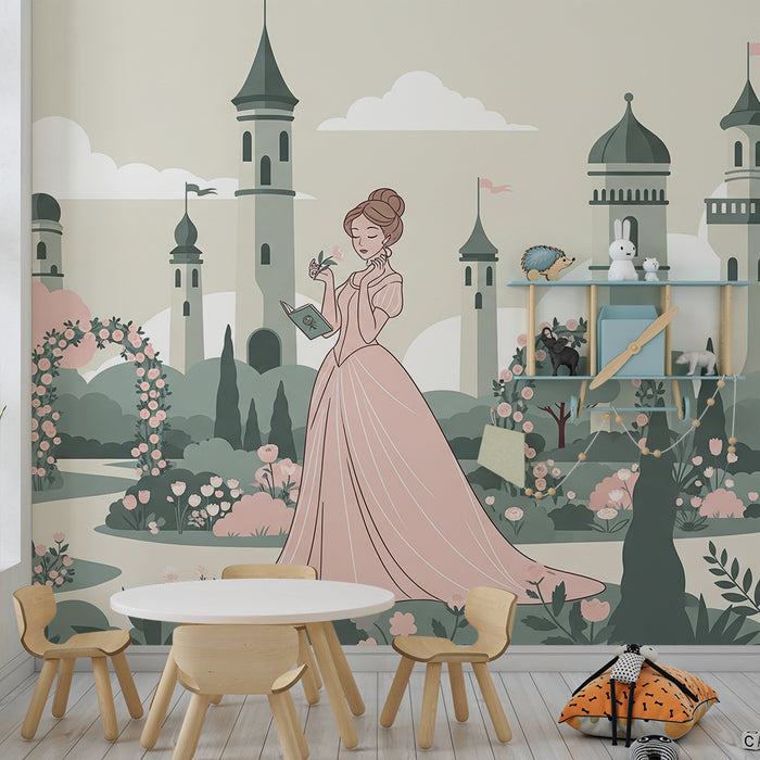 **Tapete Kinderzimmer | Prinzessin in einem märchenhaften Garten mit Schlössern**