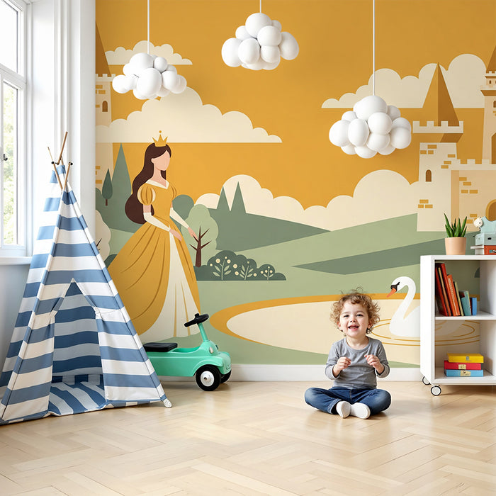 Papier peint chambre enfant | Princesse et château dans un paysage féerique