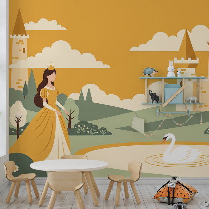 Papier peint chambre enfant | Princesse et château dans un paysage féerique
