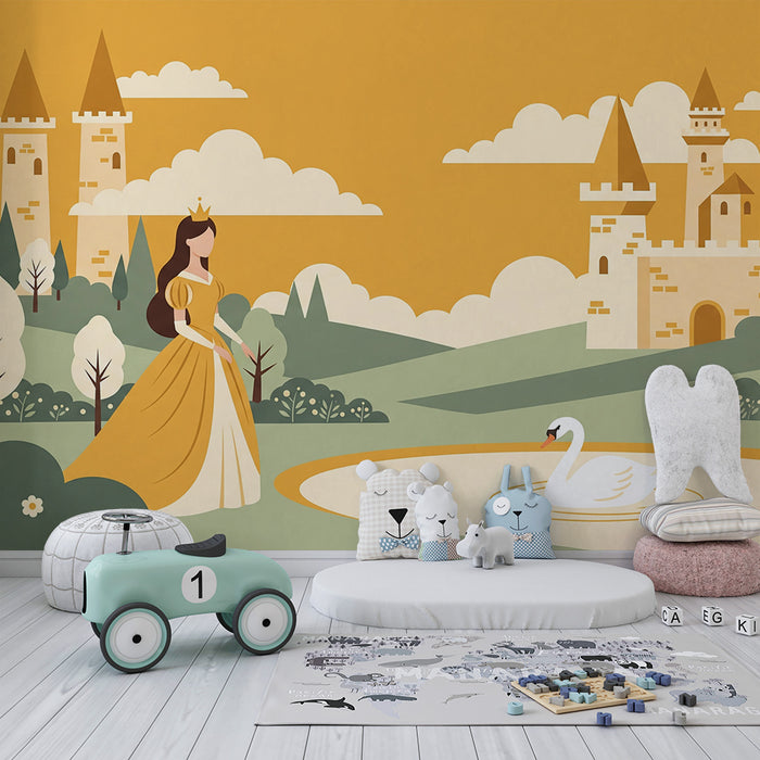 Papier peint chambre enfant | Princesse et château dans un paysage féerique