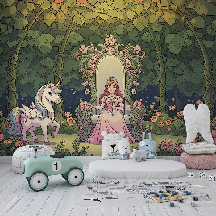 Tapet pentru camera copilului | Prințesă și unicorn într-o grădină fermecată