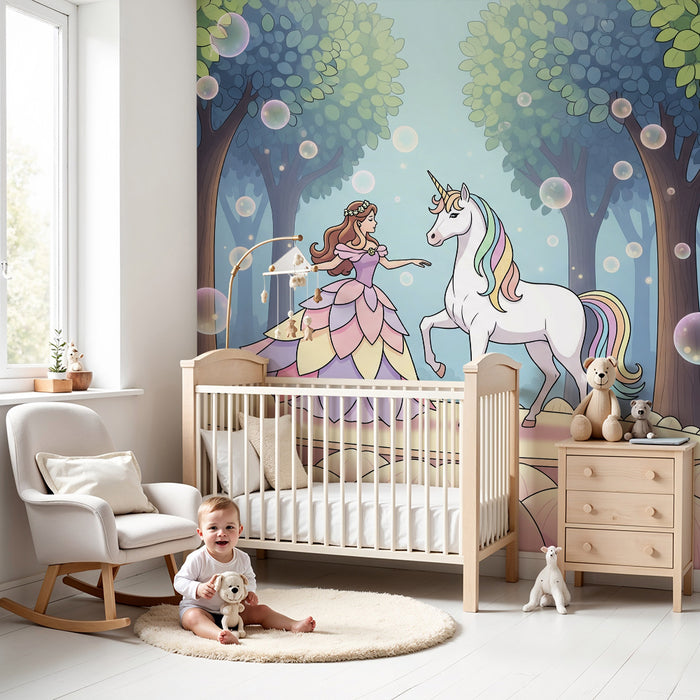 Behang kinderkamer | Prinses en eenhoorn in een betoverd bos