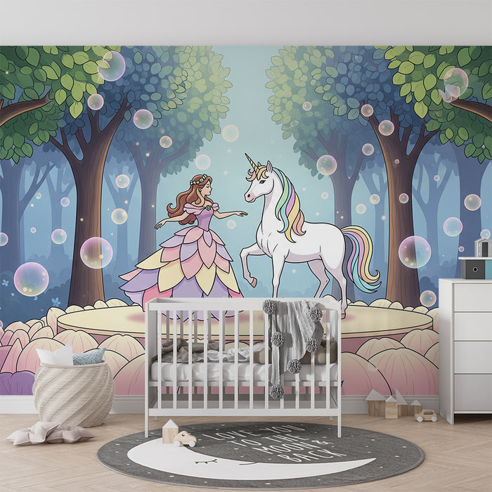 Behang kinderkamer | Prinses en eenhoorn in een betoverd bos