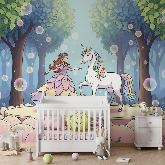 Behang kinderkamer | Prinses en eenhoorn in een betoverd bos