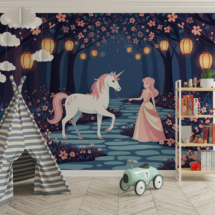 Kinderzimmer-Tapete | Prinzessin und Einhorn im Märchenland