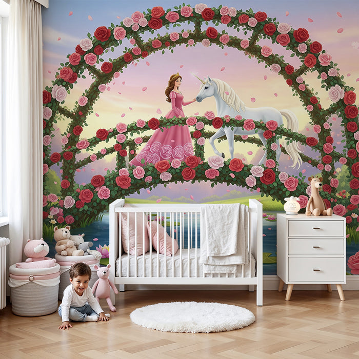 Papel pintado infantil | Princesa y unicornio en un puente florido
