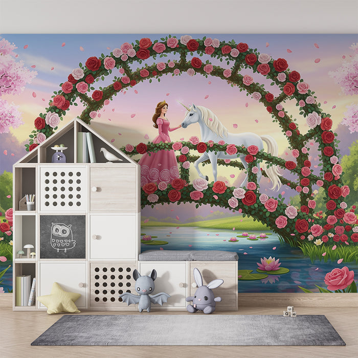 Papel pintado infantil | Princesa y unicornio en un puente florido