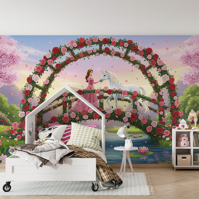 Papel pintado infantil | Princesa y unicornio en un puente florido