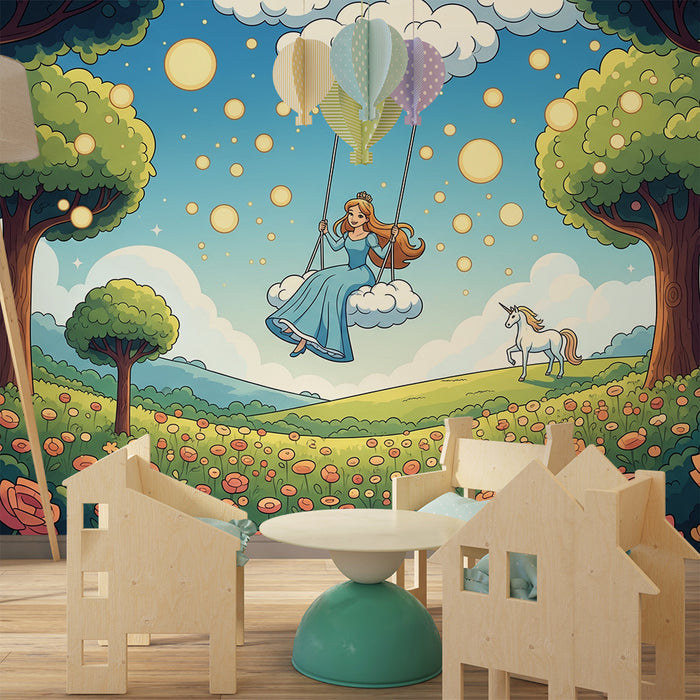 Papel pintado infantil | Princesa en un columpio en un campo de flores