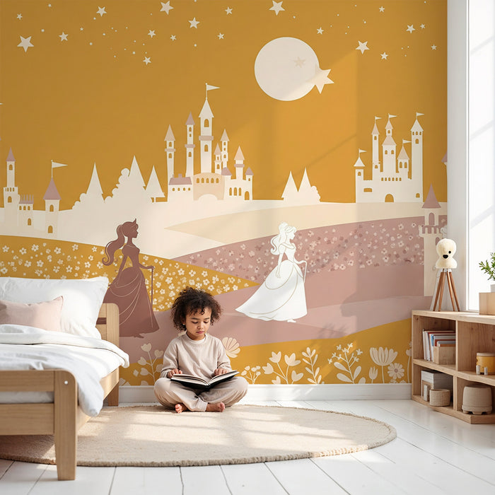 Papier peint chambre enfant | Princesses et châteaux sous un ciel étoilé