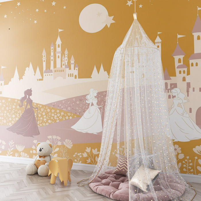 Papier peint chambre enfant | Princesses et châteaux sous un ciel étoilé