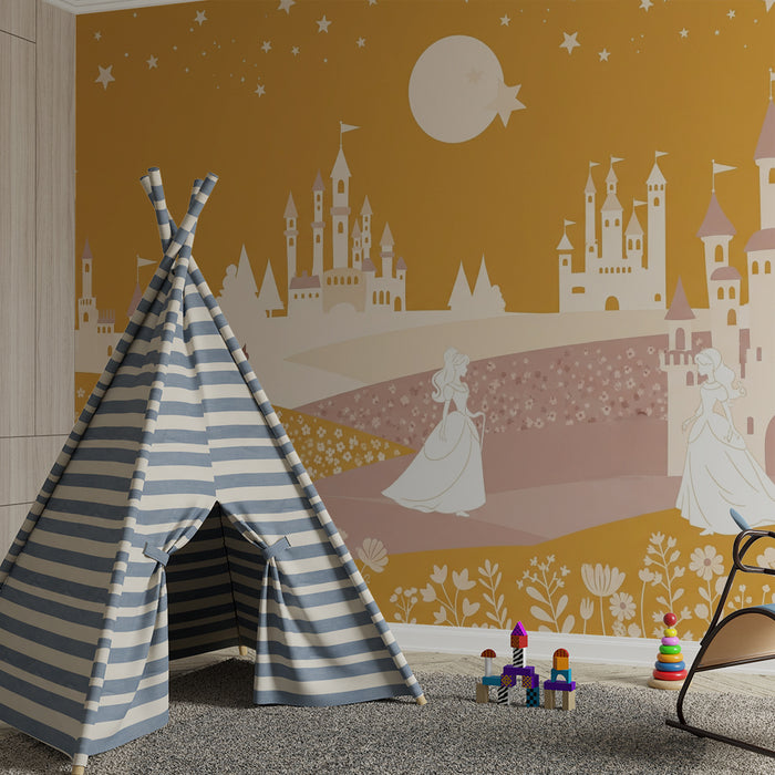 Papier peint chambre enfant | Princesses et châteaux sous un ciel étoilé