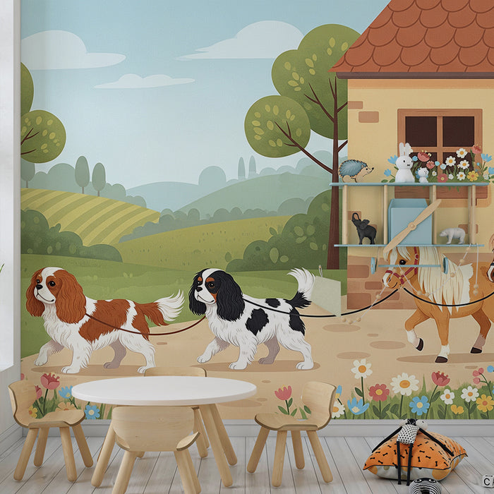 Carta da parati per camera bambini | Passeggiata di cani e pony in un paesaggio bucolico
