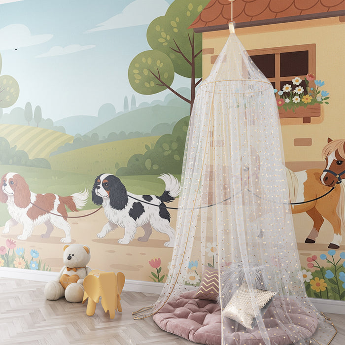 Carta da parati per camera bambini | Passeggiata di cani e pony in un paesaggio bucolico