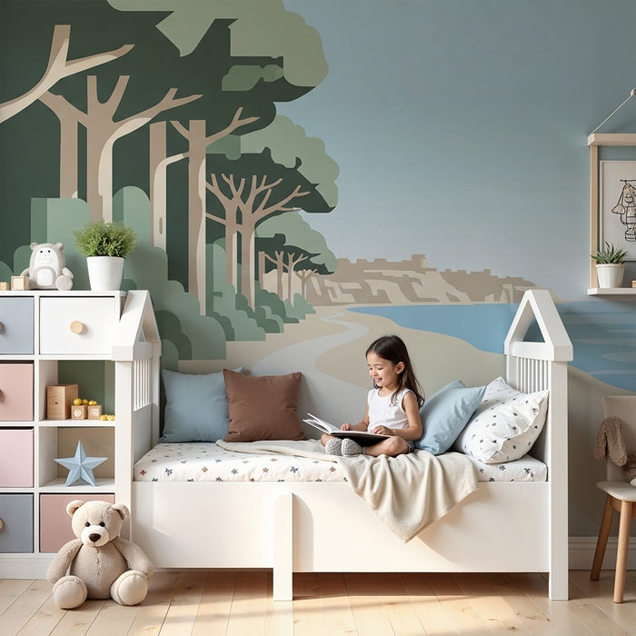 Papier peint chambre enfant | Promenade en bord de mer avec arbres et plage