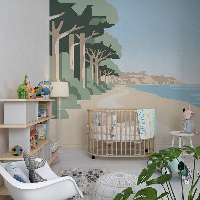 Papier peint chambre enfant | Promenade en bord de mer avec arbres et plage
