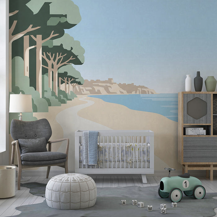 Papier peint chambre enfant | Promenade en bord de mer avec arbres et plage