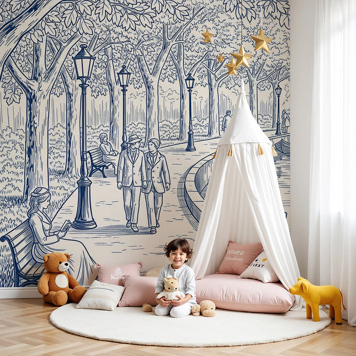 Papier peint chambre enfant | Promenade paisible dans un parc avec arbres et rivières