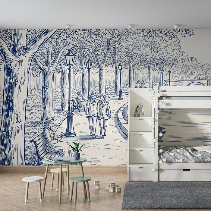Papier peint chambre enfant | Promenade paisible dans un parc avec arbres et rivières