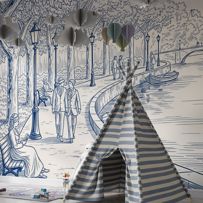 Papier peint chambre enfant | Promenade paisible dans un parc avec arbres et rivières