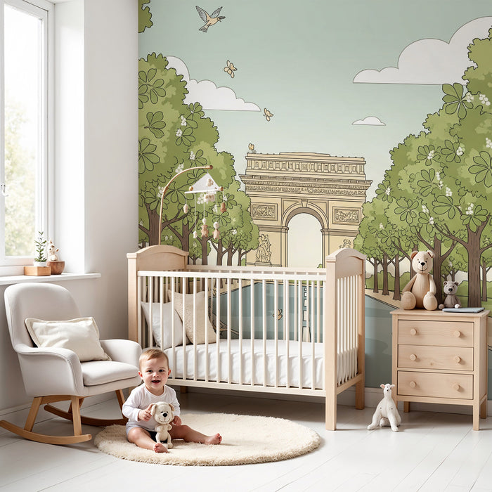 Behang kinderkamer | Rustige wandeling onder de bomen met de Arc de Triomphe