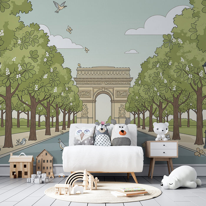 Behang kinderkamer | Rustige wandeling onder de bomen met de Arc de Triomphe