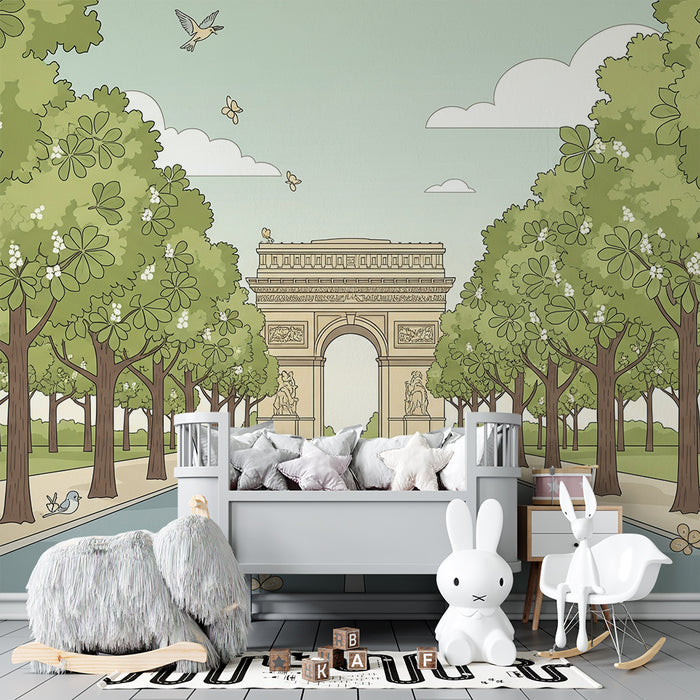 Behang kinderkamer | Rustige wandeling onder de bomen met de Arc de Triomphe