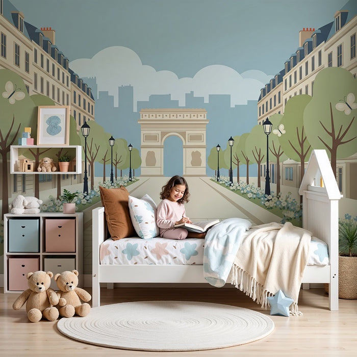 Papel pintado infantil | Paseo parisino con arco de triunfo y flores