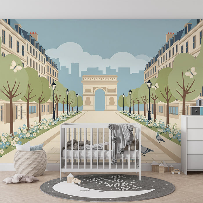 Papel pintado infantil | Paseo parisino con arco de triunfo y flores