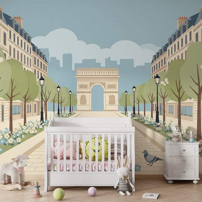 Papel pintado infantil | Paseo parisino con arco de triunfo y flores