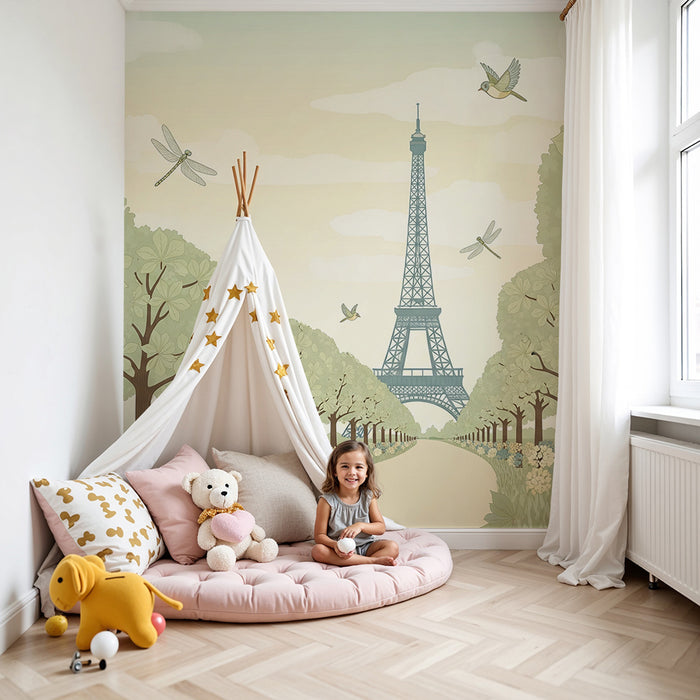 Children's bedroom wallpaper | Spring walk with the Eiffel Tower and blooming nature
