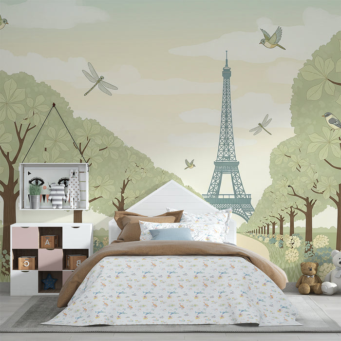 Children's bedroom wallpaper | Spring walk with the Eiffel Tower and blooming nature