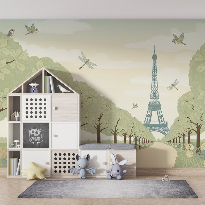 Children's bedroom wallpaper | Spring walk with the Eiffel Tower and blooming nature