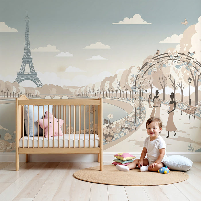 Papier peint chambre enfant | Promenade romantique à Paris avec la Tour Eiffel