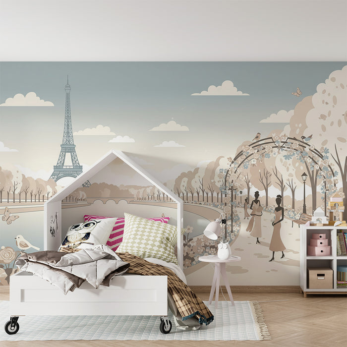 Papier peint chambre enfant | Promenade romantique à Paris avec la Tour Eiffel