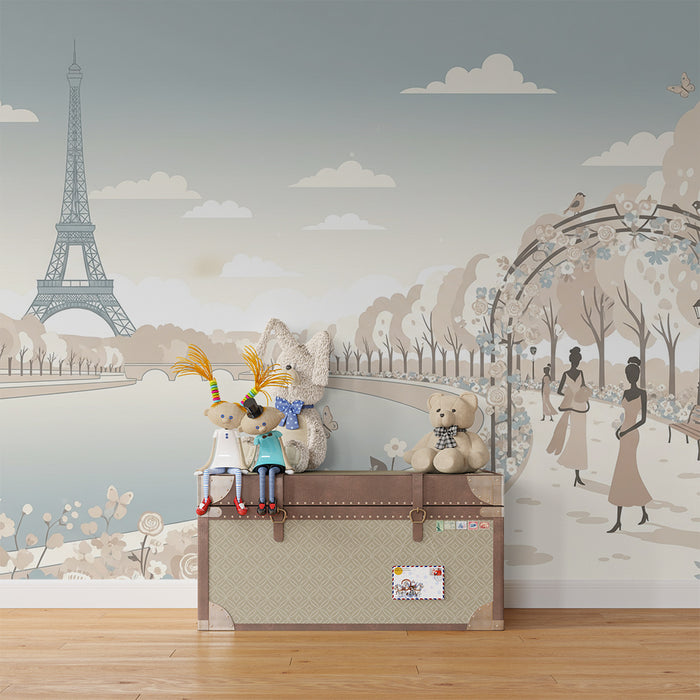 Papier peint chambre enfant | Promenade romantique à Paris avec la Tour Eiffel